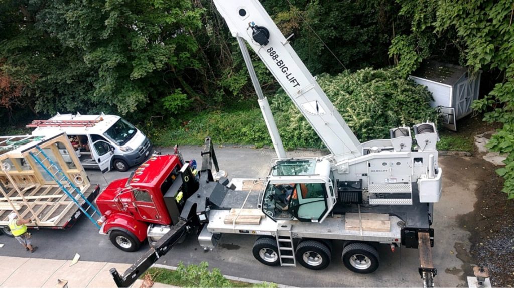 DJ Snyder crane set up on a residential job site, seen from above