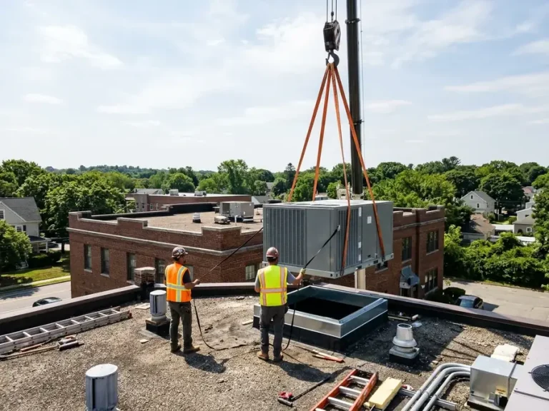 A rooftop HVAC unit being lowered by crane onto a flat commercial roof