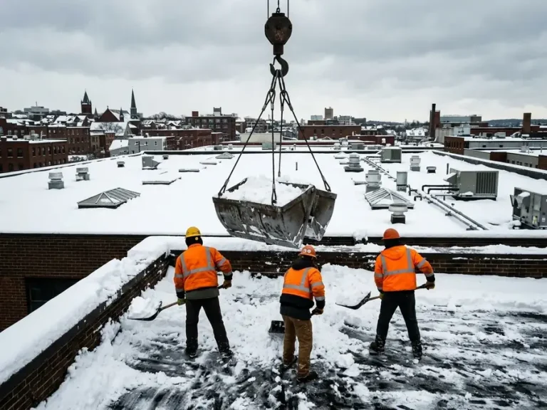 Crew shoveling heavy snow from a flat commercial roof into a bucket hung from a crane