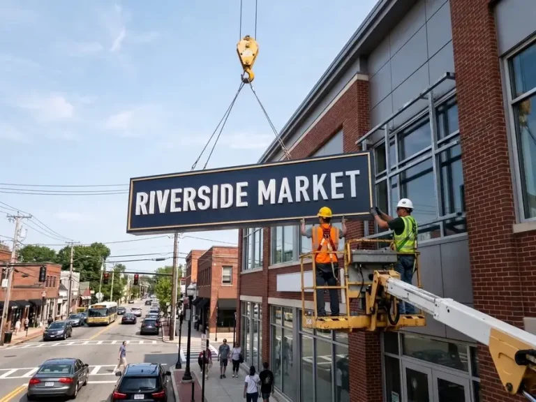 A large business sign being lifted by crane to the front of a brick retail building
