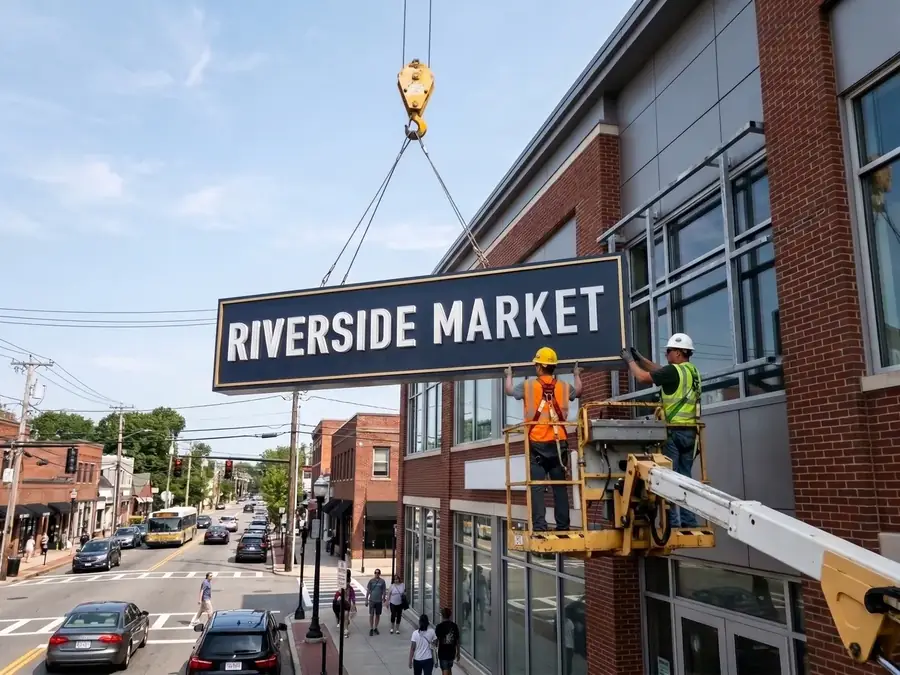 A large business sign being lifted by crane to the front of a brick retail building